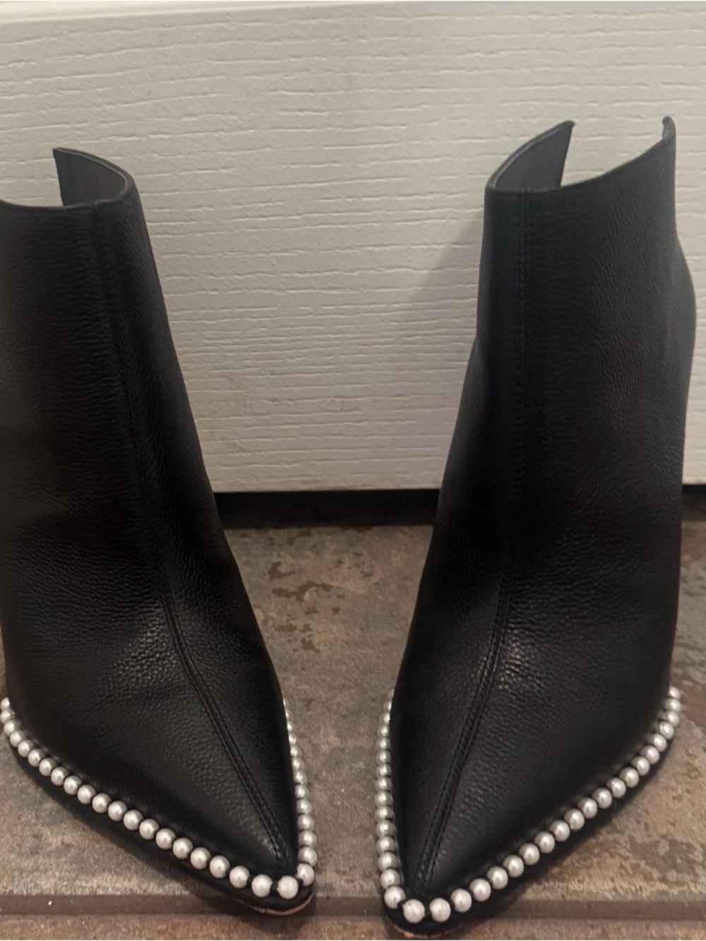 Karl Lagerfeld Black Leather Pointed Pearl-Trim Ankle Booties
